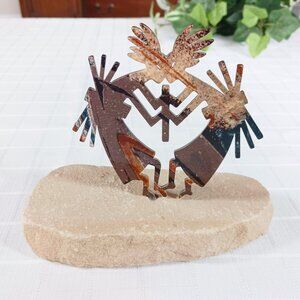 Double Kokopelli Enameled Metal Art Sculpture on Stone Base